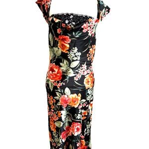 vtg 90s dark fairy Asian dress floral satin pinup Asymmetric Lace Roses Witchy m